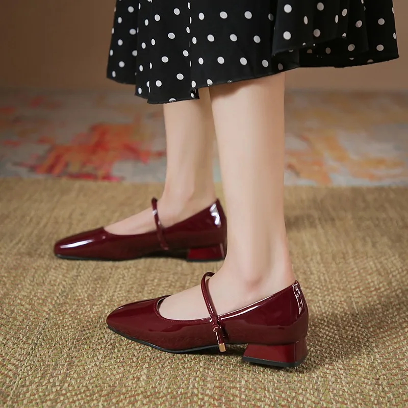 High Heels French Dress Party Shoes for Woman Platform Patent Leather Mary Jane Burgundy Black Square Toe Mid-heel Pumps 2024