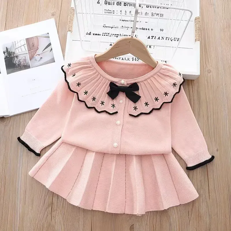 Girls\' Knitted Two-piece Set Bowknot Floral Embroidery Golilla Knitted Pullover+pleated Skirt Toddler Girl Cardigan Girls Kids