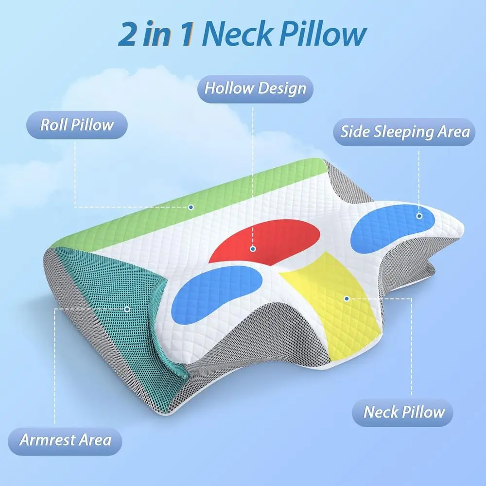 Ergonomic 2-in-1 Memory Foam Pillow for Neck Support and Pain Relief, Ideal for All Sleep Positions