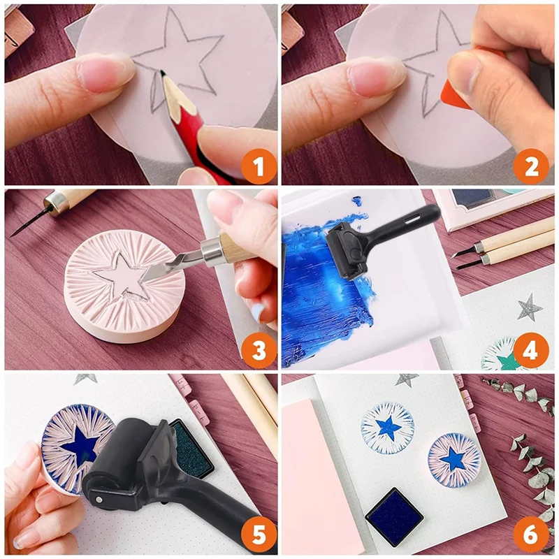 

Новейший набор для изготовления резиновых штампов из 12 шт. с блоком штампов, резиновым роликом Brayer, режущим инструментом для резьбы по резине и дереву, простая установка