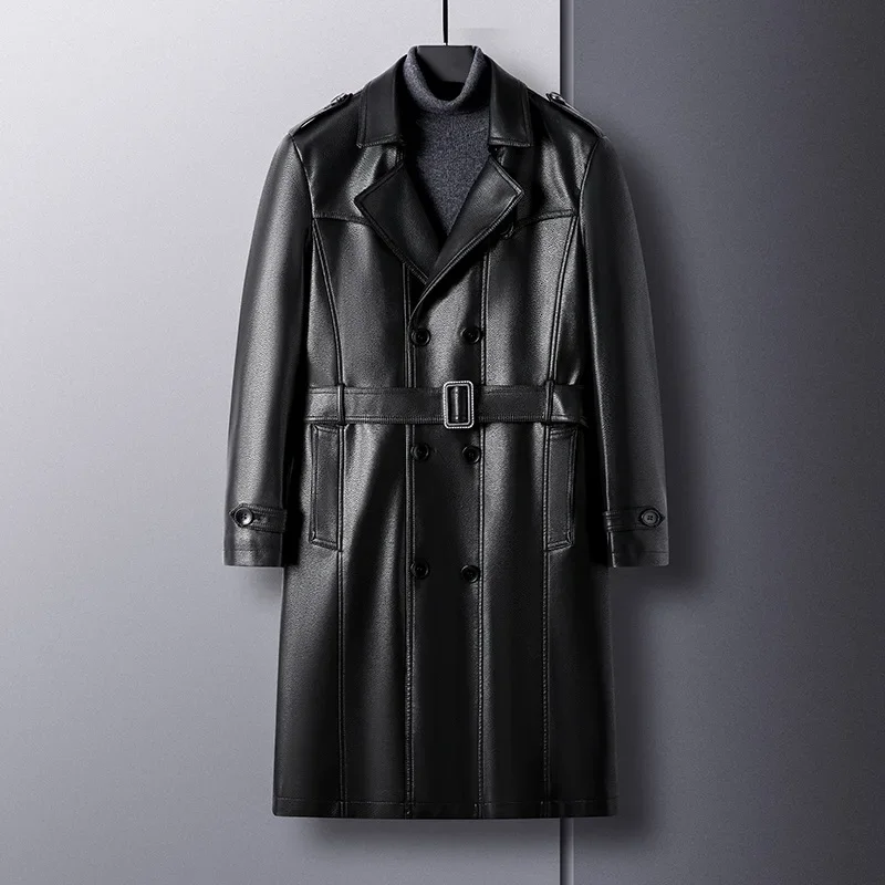 High Quality Knee-Length Men\'s Leather Overcoat for Autumn & Winter Double Breasted  Business Windbreaker Leather Coats PU-026