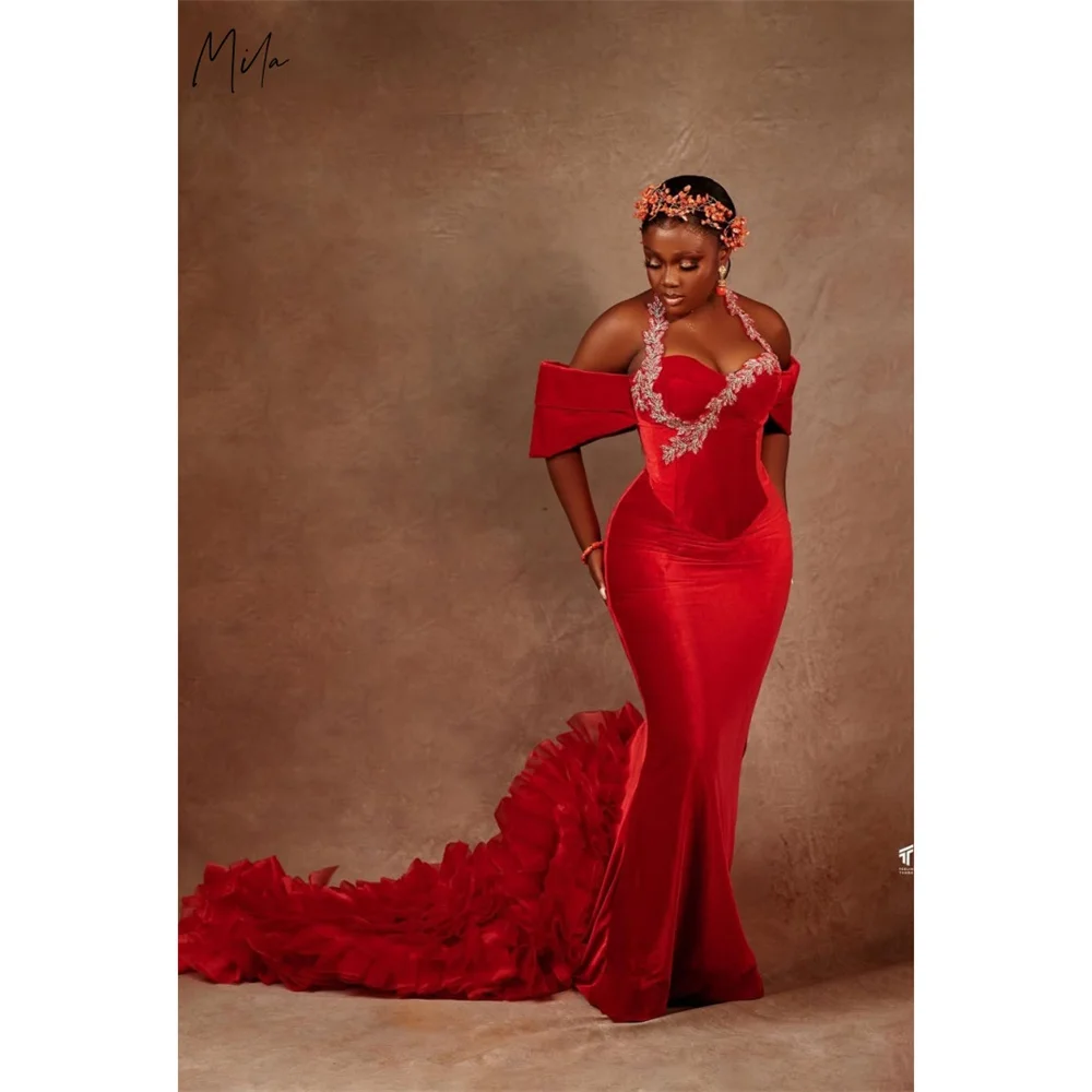 

Mila Red Halter Neck Prom Dress Short Sleeve Court Train Customized Luxurious Women Evening Dresses Mermaid vestidos de fiesta