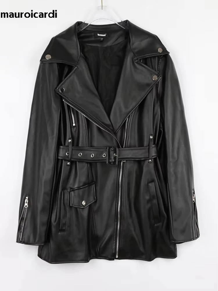 Mauroicardi-Veste de moto et de motard en cuir PU souple avec fermeture éclair pour femme, noir, cool, beau, mode européenne, printemps, automne, 2025