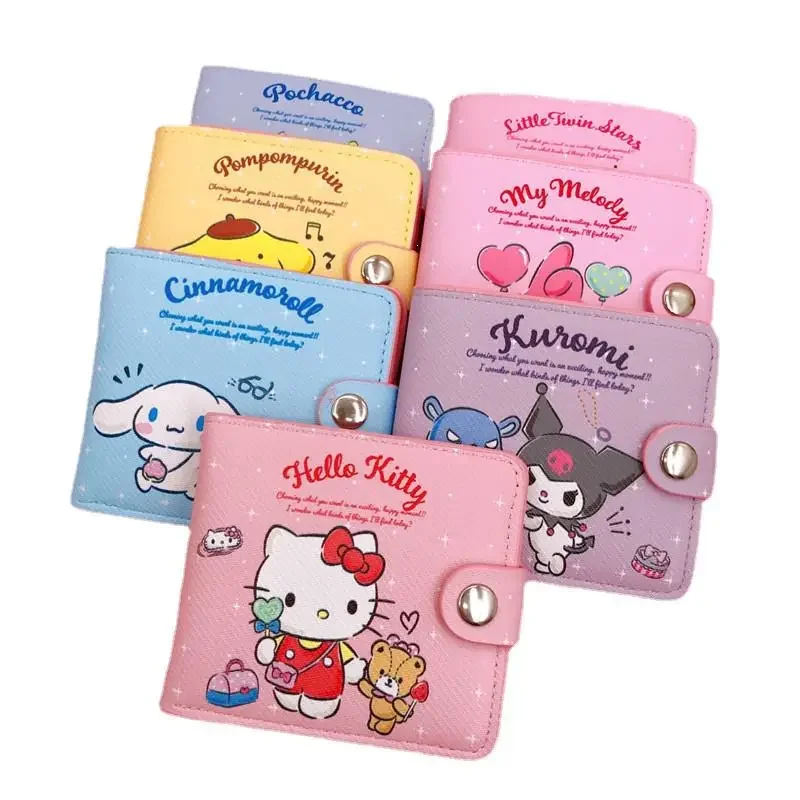 Sanrio dompet Pu gambar kartun lucu Hello Kitty Kuromi Melody tas uang kasual dompet tempat kartu dompet dengan kancing hadiah