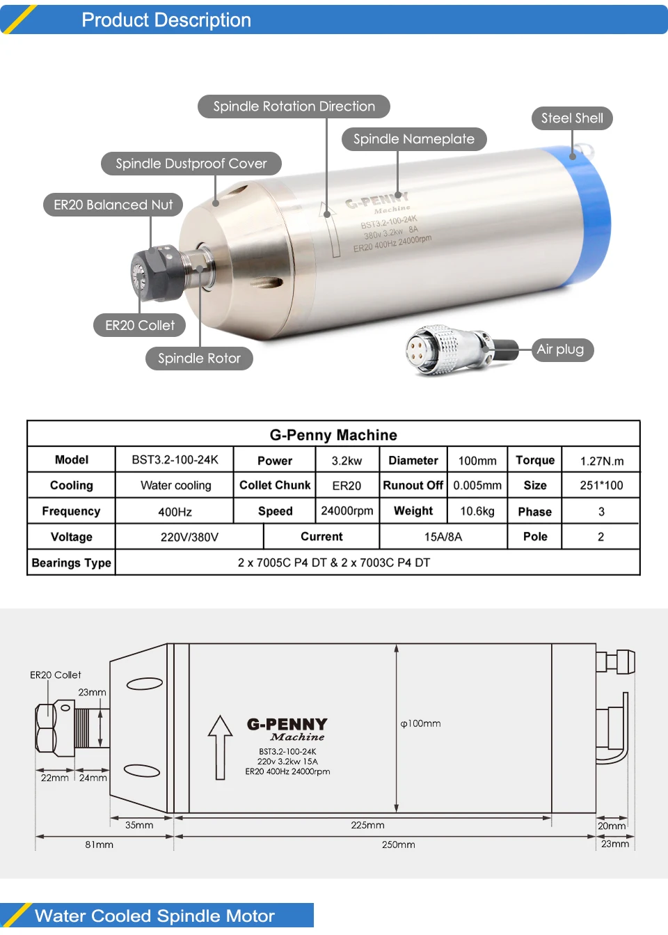 G-Penny 3,2 kW ER20 100 mm wassergekühlter Spindelmotor-Kit, 400 Hz, 24.000 U/min, Inverter, 80 mm Halterung, Wasserpumpe für CNC-Holzbearbeitung – Detail 3
