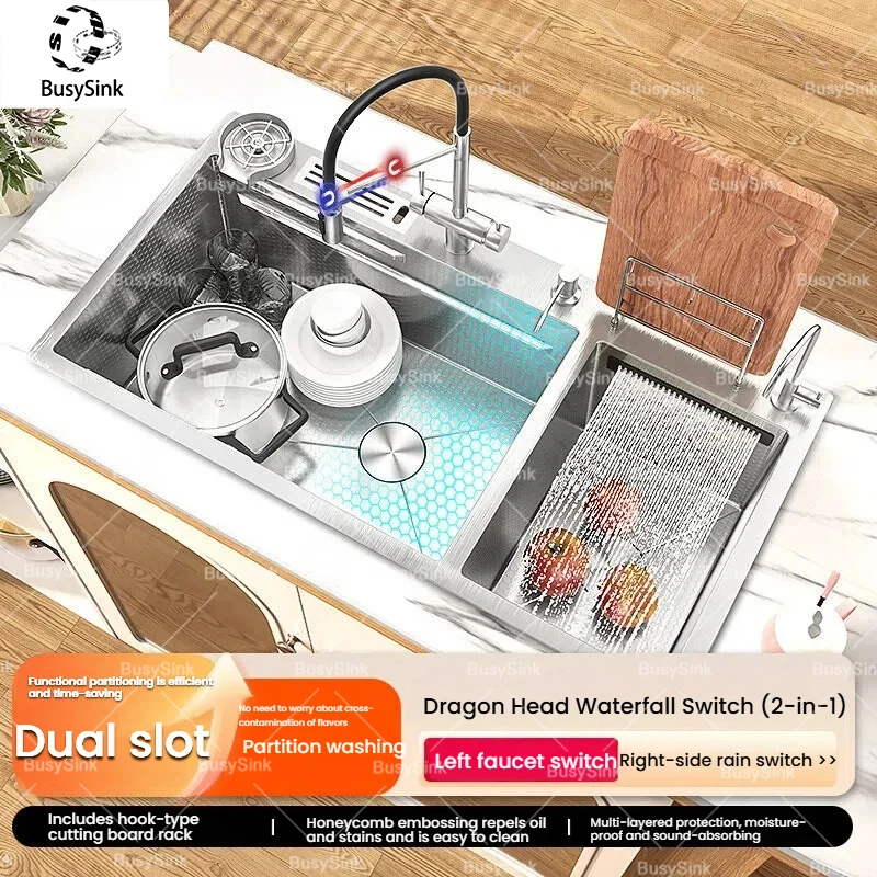 

Household 304 Silver Stainless Steel Kitchen Sink Multifunctional Waterfall Large Double Slot Wash Vegetable and Dish Basin