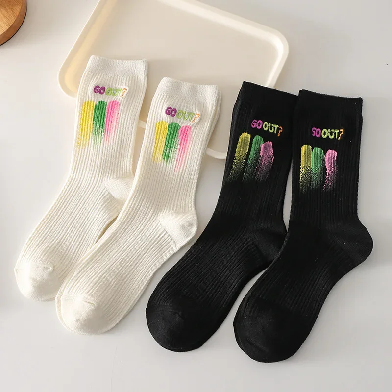 Women's All-Season Slouch Mid-Calf Sock–Colorful Doodle&Letter Print Casual Crew Sock,Soft Versatile Stacked Cuff for Daily Wear
