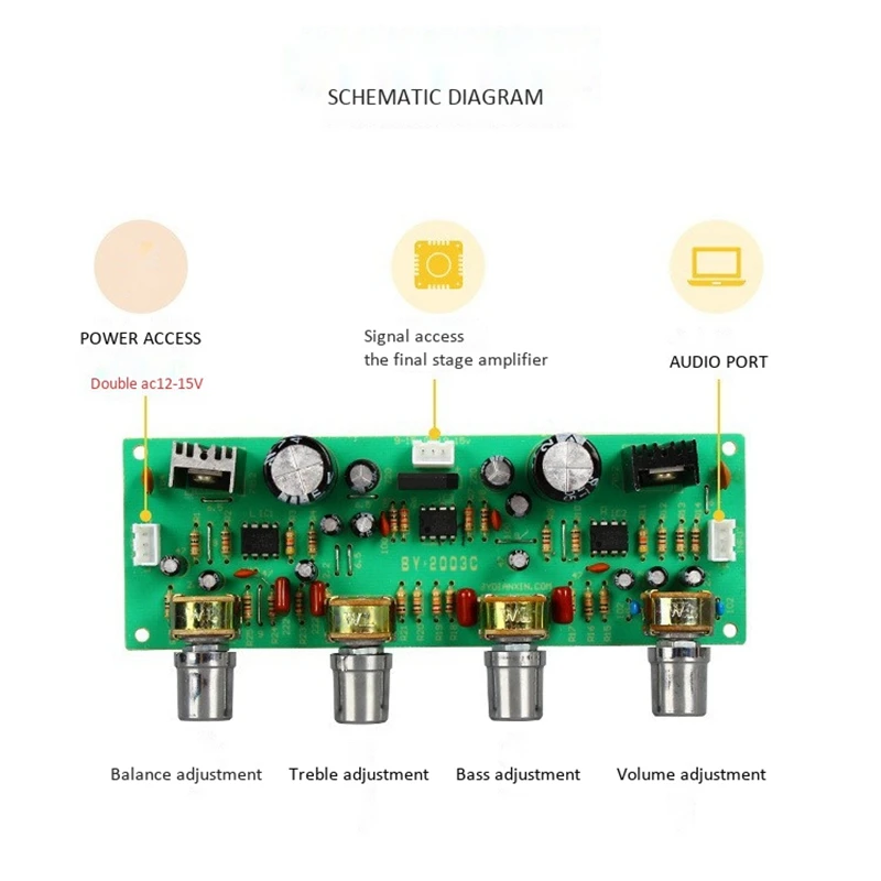 NE4558 HIFI preampa مجلس لهجة ، باس التحكم في مستوى الصوت ثلاثة أضعاف ، قبل مكبر للصوت ، 12 فولت ، NE4558