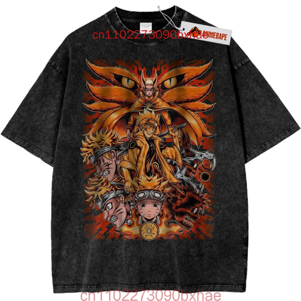 

Summer New Short Sleeve T Shirt Naruto Anime Print Vintage T-Shirt Cotton Black Washed Tops Tees Fashion Harajuku Streetwear