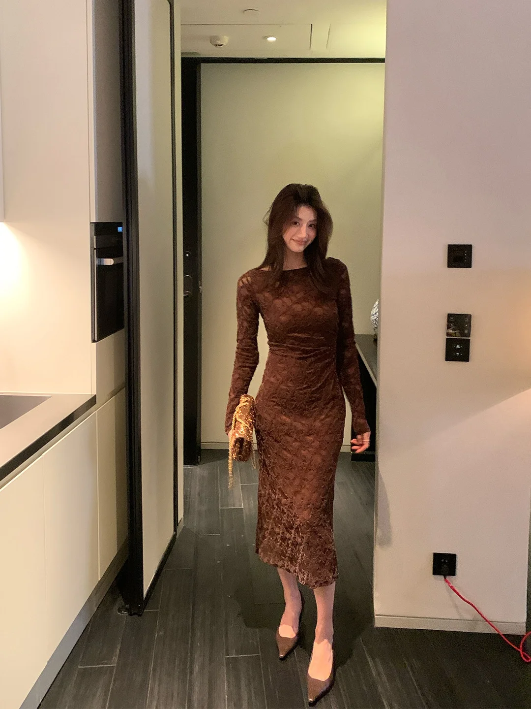 

Slimming Effect Vintage Lace Waist-Cinching Dr Women's Inner Wear Base Skirt Dragon Xi Er J978 Ele Long Sve round Ne