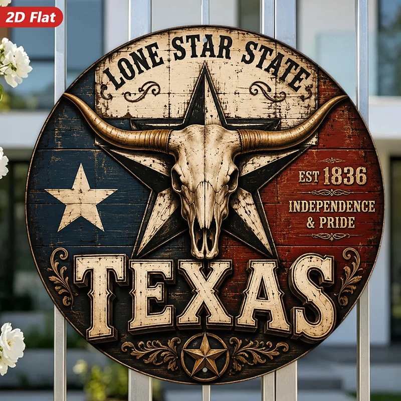 2D Flat, 1pc Lone Star Skull Round Metal Sign Wall Art, Longhorn Skull, Ideal for Entryway Kitchen, Five Point Star, Texas Indep