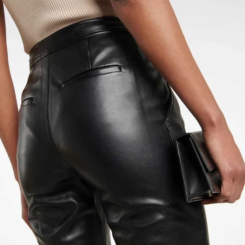 Women High Waist Faux Leather Pants Vintage Black Matte Stretch Cropped Pants with Pocket Ladies Slim Trousers Custom Clubwear
