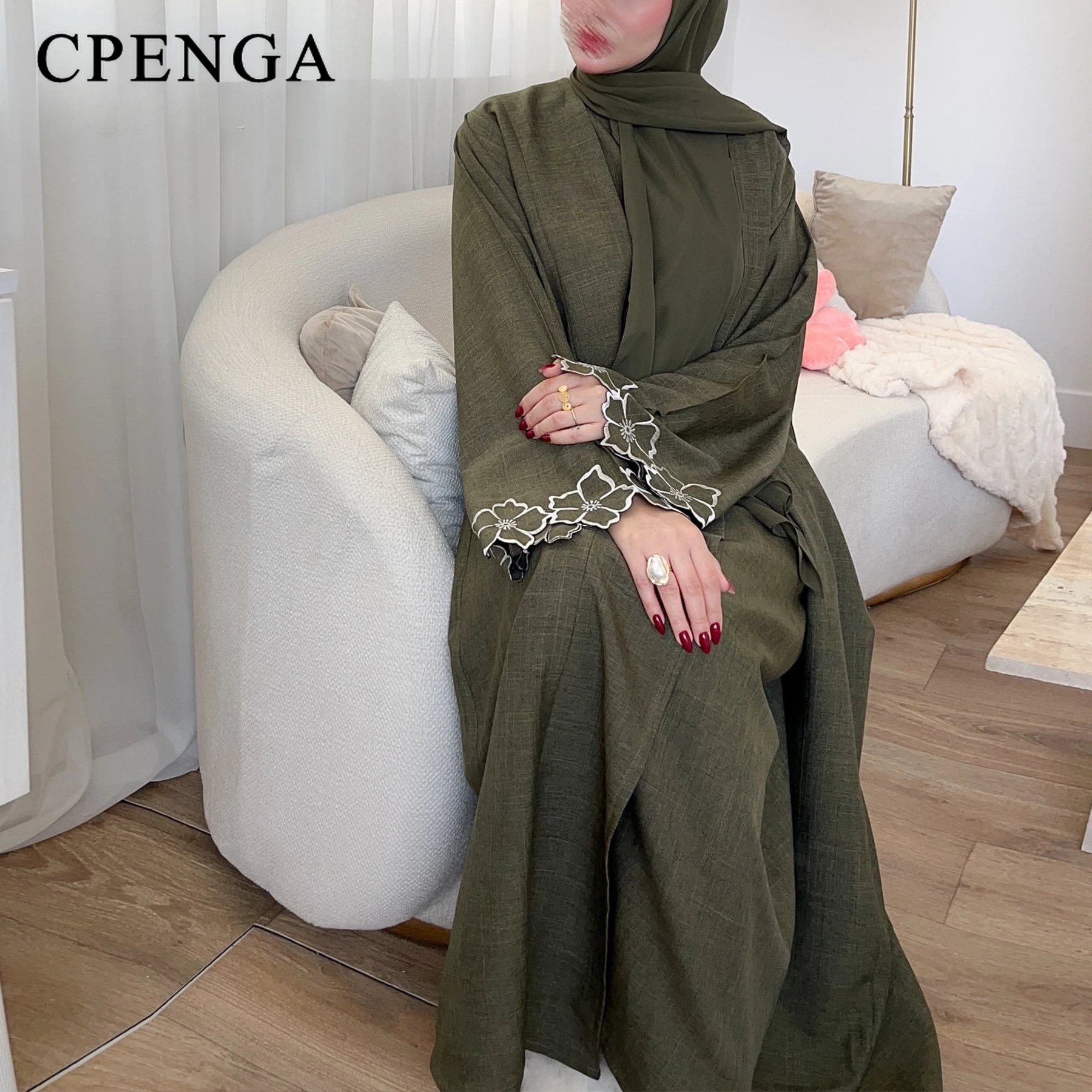 2 Piece Dubai Women Flower Embroidery Open Abaya Dress Luxury Ramadan Eid Arabic Muslim Modest Clothing Islam Turkey Solid Robe