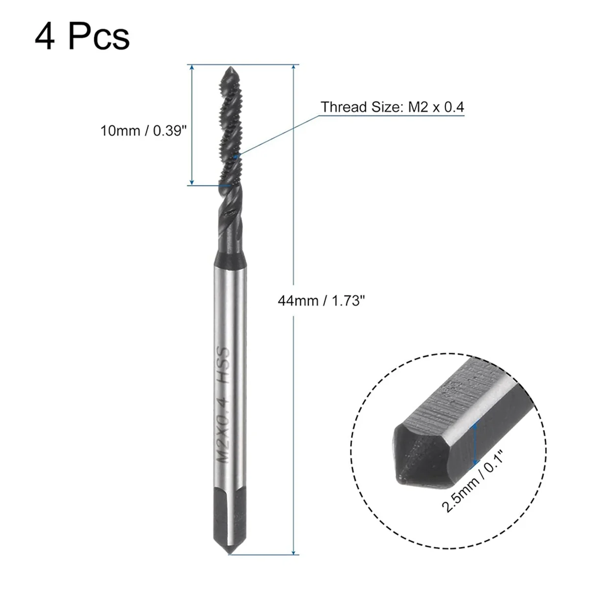 ABMO 4pcs Spiral Flute Thread Taps, M2 X 0.4 Nitride Coated Metric Screw Tap, High Speed Steel Machine Tapping Threading Tool