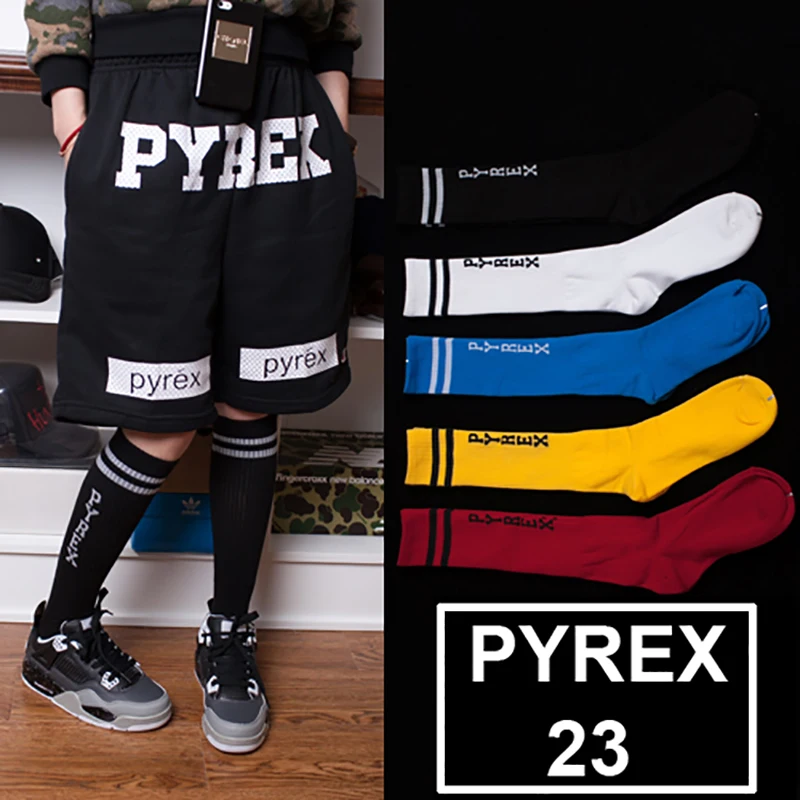 Unisex for Men Women Letter PYREX 23 Stripes Cotton Socks High Tube Long Hip Hop Street Solid Color Sport Football Sox Black