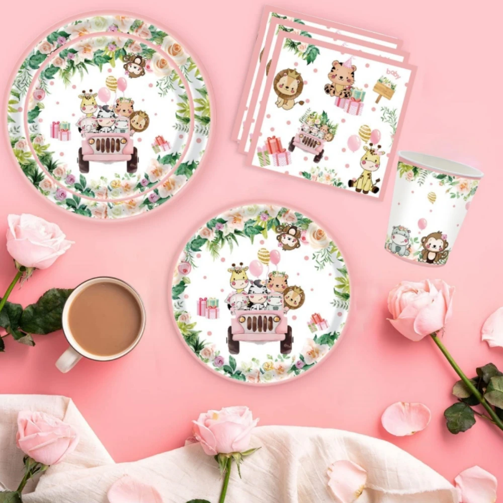 Dschungel Safari Party Dekorationen rosa Tier druck Geschirr Set Pappbecher Teller Servietten Baby party Kinder Geburtstags feier Lieferungen – Detail 3