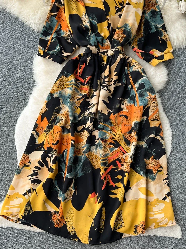 Robe mi-longue vintage à manches bouffantes et col en V pour femmes, robe imprimée Sweet Memory, taille haute A-Line, robe de plage élégante, vêtements de vacances