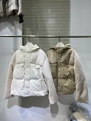 Chaqueta de empalme de lana de cordero para mujer, abrigo de plumón de pato blanco ligero con capucha, abrigo de algodón cálido, moda de invierno, B * C, alta calidad