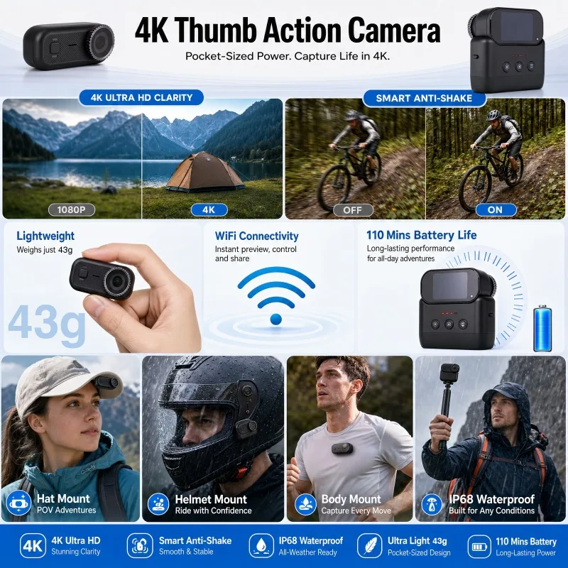 APEX Action 4K Camera  Mini POV Magnetic Sports Camera Anti‑Shake Wearable Vlogging Bodycam with Charging Case view 4
