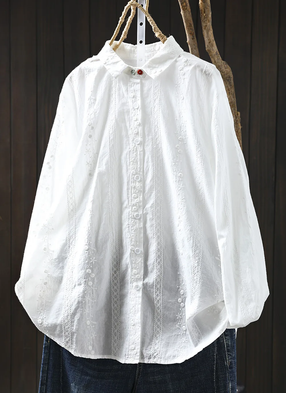 2026 Women's elegant blouse 100% cotton bohemian lapel collar long sleeve white embroidery shirts blouses female tops