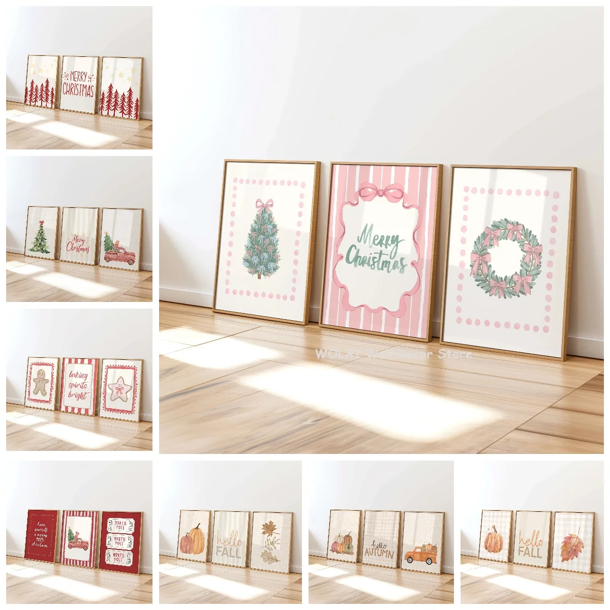 1/3 Stück Leinwanddruck „Frohe Weihnachten & Weihnachtsbaum“ – „Hallo Herbst“-Kürbisblatt-Wandkunst-Poster für Herbst- und Weihnachtsdekoration