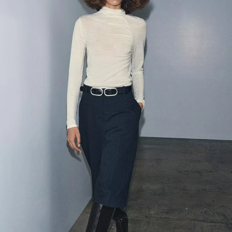 Faionable Casual Slim Fit Long Sve Damen-Top aus reiner Wolle, neu eingetroffen, Winterkollektion, Ele Simple Sle