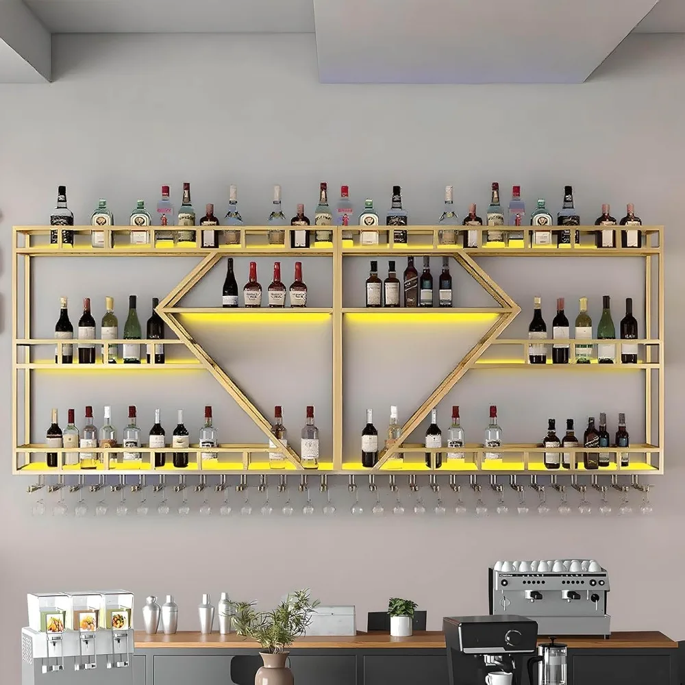 

79in Wall Mounted Wine Rack, Large Metal Wine Bottle Holder, 3 Tier Modern Fashion Diamond Shaped Floating Bar Unit Wine Storage