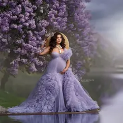 Romantic Lavender Maternity Robes for Pregnant Women Puffy Tiered Ruffles Photography Dresses Sexy Floor Length Babyshower Gowns