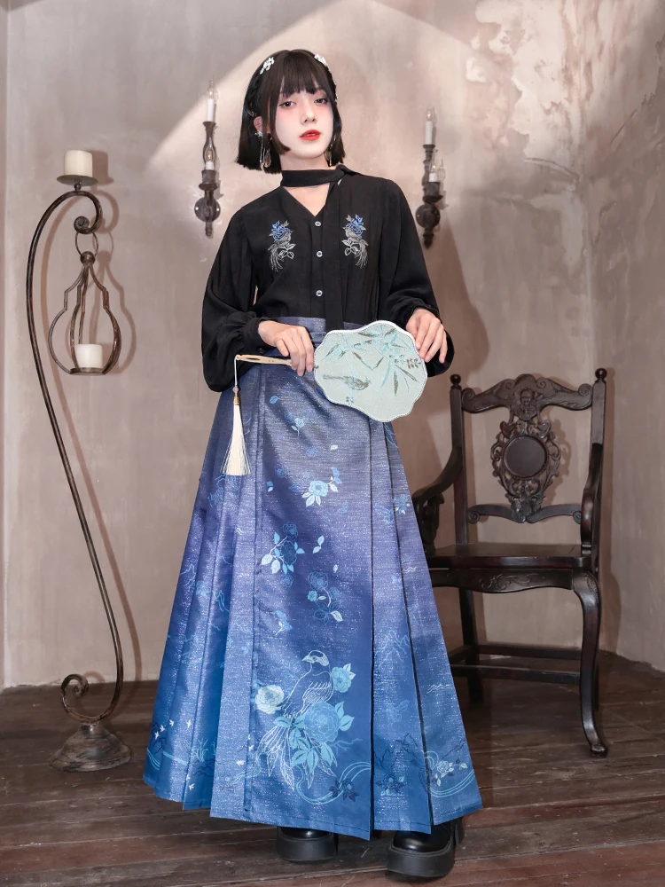 New Chinese Style National Style Han Elements Printing Silver Wire Horse-face Skirt Female Woman Retro Gradient Hanfu Skirt