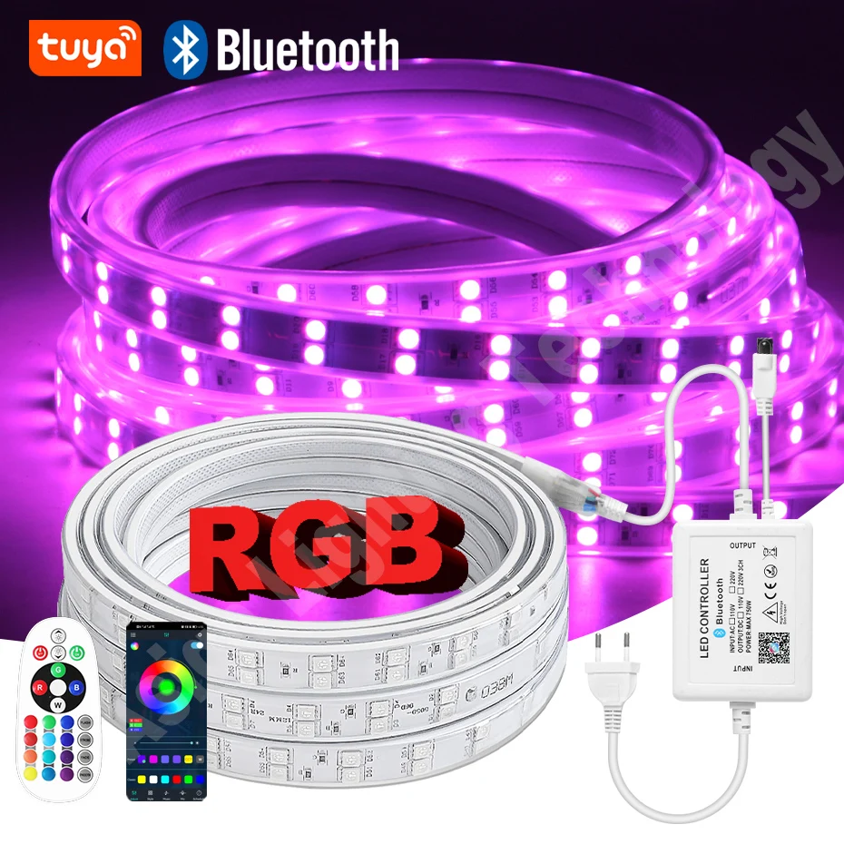 1m-100m Double Row RGB Led Strip lights AC220V SMD5050 Waterproof Flexible Tape 4Pin 750W IR Remote/Bluetooth /WiFi Control