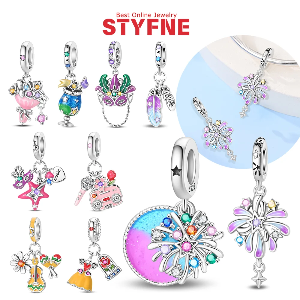 

925 Silver Party Mask Beads Music Ball Musical Instrument Feathers Drink Pendant Fit Original Charms Bracelet Jewelry Gift DIY