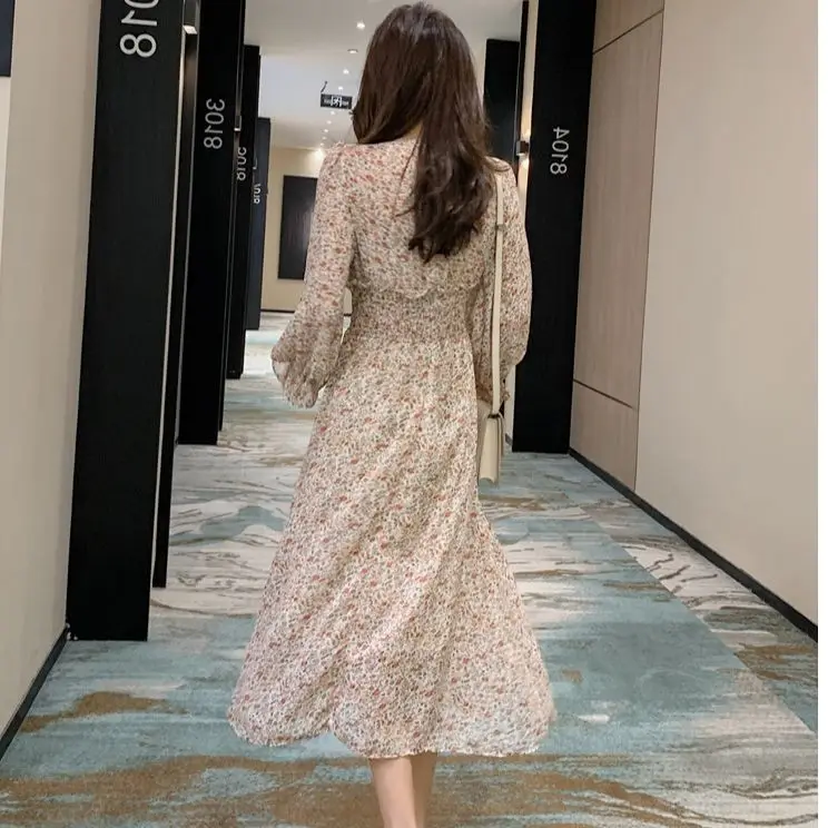 Floral Dress with Fashionable Long Sleeves Vintage Style Slimming Print Fairy Long Skirt Super Fairy New Minimalist Dresses