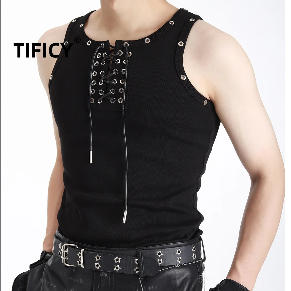 High Street Tees Tanks Black Men's Drawstring Woven Sleeveless Fashion Tanks Streetwear Tops