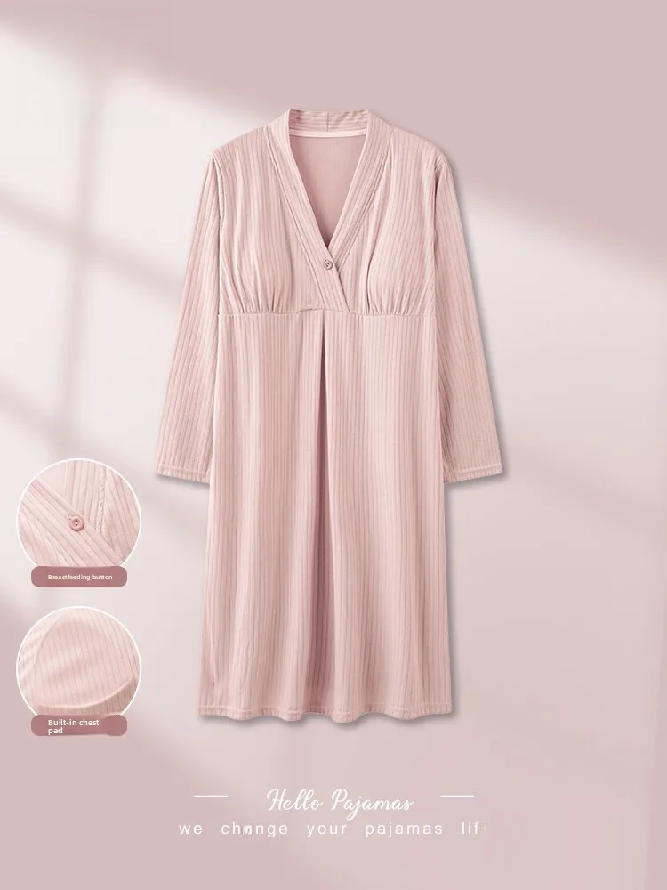 plandoo-授乳用スリープドレス-薄いモーダルマタニティナイトガウン-春秋スタイル-胸パッド付き-マタニティリカバリースカート