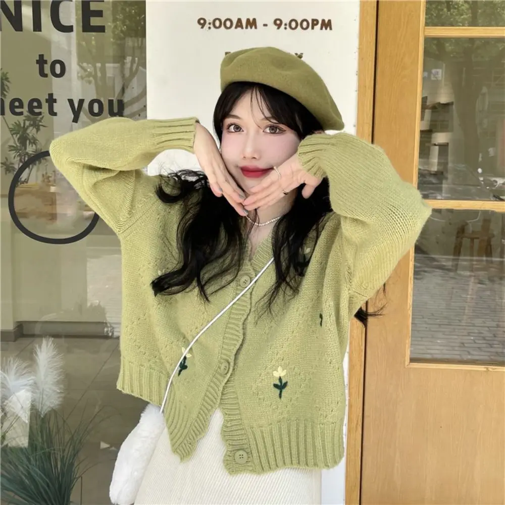 

Candy Color Short Knitted Sweater Flower Embroidery Slim Women Knitted Cardigan Long Sleeve INS Korean Style Sweater Streetwear