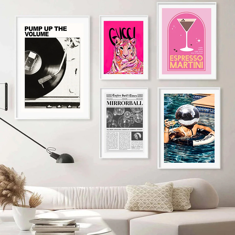 Retro Cocktail Trendy Wall Art Prints Pink Playing Cards Poster Vintage Disco Canvas Painting Preppy Dorm Teens Room Wall Decor