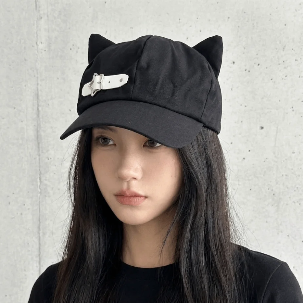 Funny Black Cat Ears Beret Gothic Harajuku Peaked Cap Metal Belt Buckle Baseball Cap Octagonal Hat Everyday Outfits