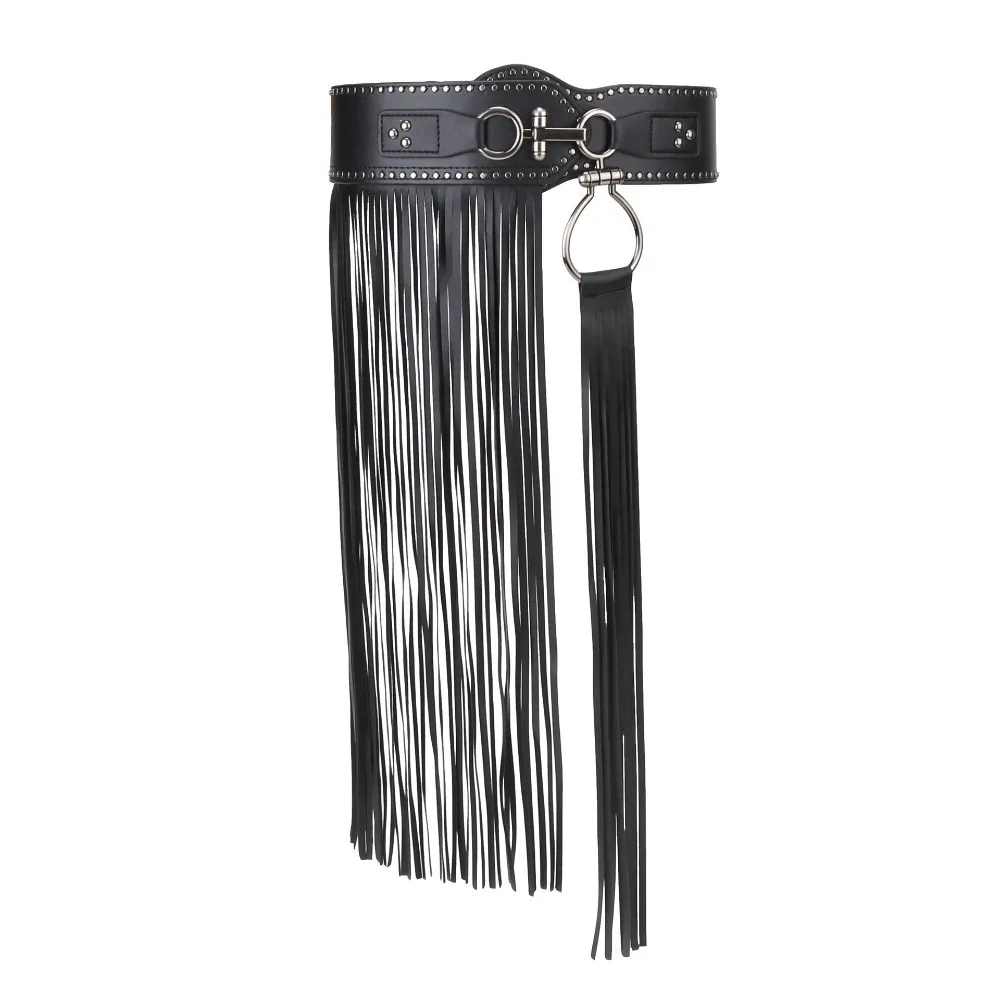 

Exaggerated Alloy Rivets Belt Jeans Decor Hip-hop Tassels Waistband Black PU Leather Punk Belt Streetwear