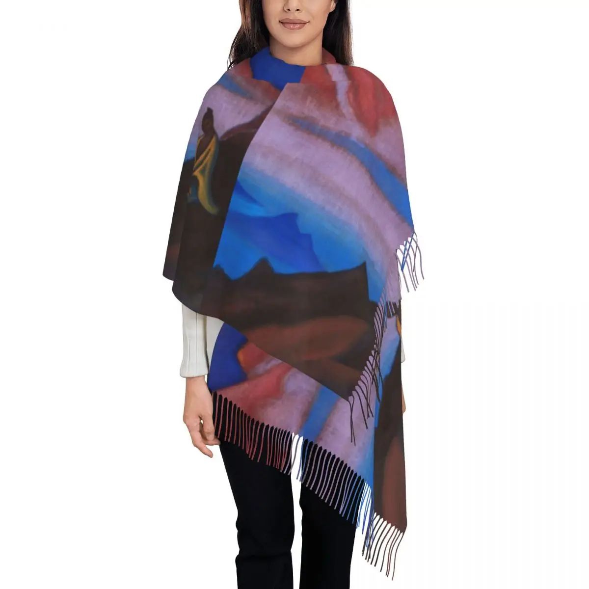 Mountain Print Scarf with Long Tassel Nicholas Roerich Warm Shawl Wrap Women New Design Scarves Wraps Winter Popular Bufanda