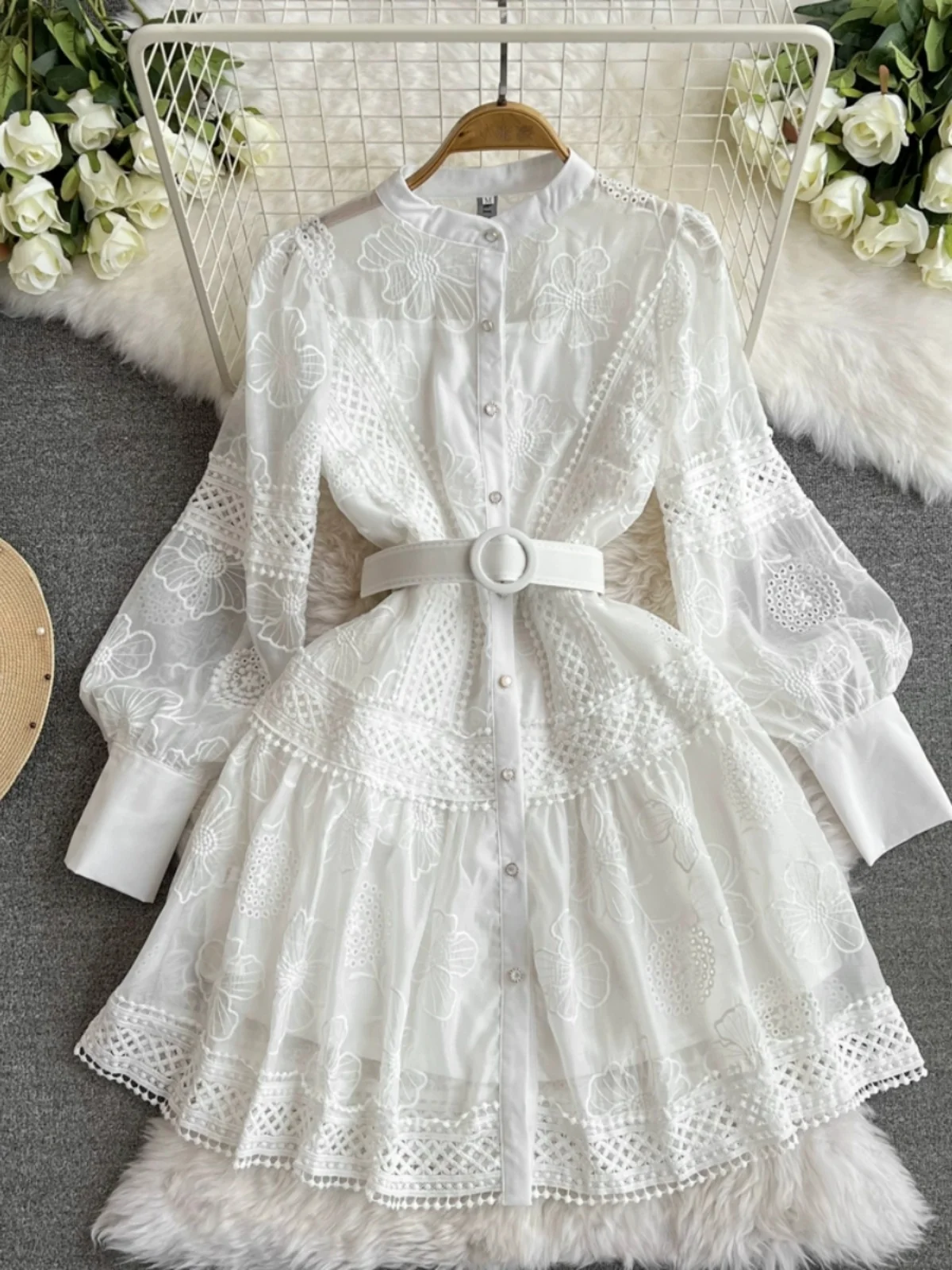 

Summer White Short Dress for Women Gorgeous Lace Stitching Floral Lace Hem Vestidos Boho Luxury Bubble Belted Party New In 2024