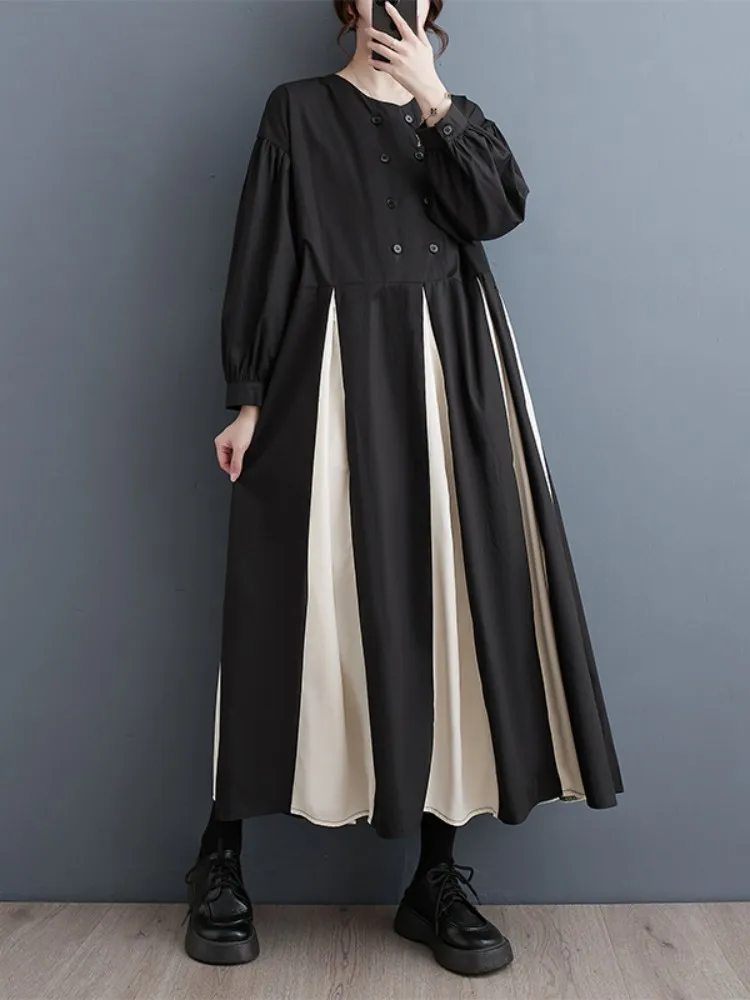 Oversized Autumn Pleated Long Sleeve Dress Women Korean Fashion 2024 Patchwork Ladies Dresses Casual Loose Midi Woman Dress