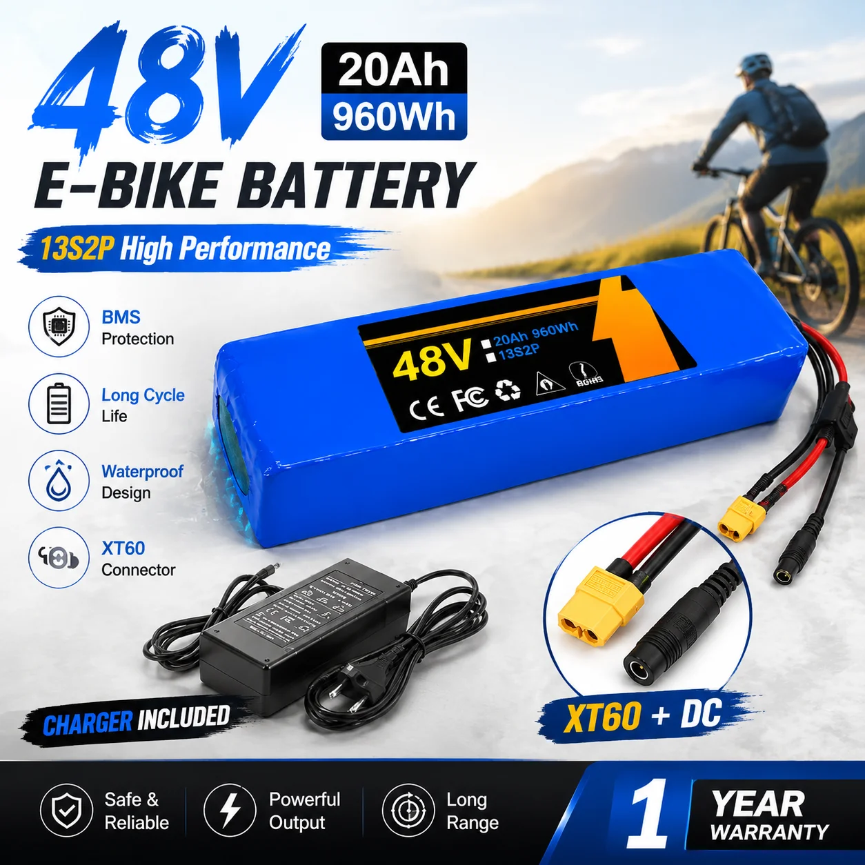 Image of Elektrofahrrad-Akku 48V 30Ah 13S2P Lithium-Ionen Hochleistungs-Akkupack mit BMS für XT60 DIY-Umbau