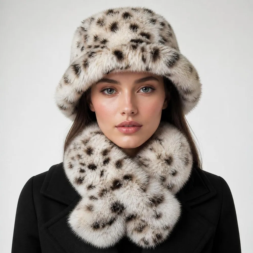 Fluffy Thicken Warm Faux Fur Bucket Hat Imitation Fur Pullover Cap Scarf Set Versatile Scarf Leopard Print Fisherman Hat