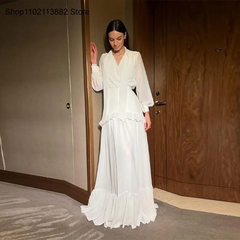 V Neck Lace-Up Long Sleeve Buttock Cover Waist Skirt Sheer Outfits Women's Chiffon Ruffled Shirts A-Line Skirts 2 Piece Set