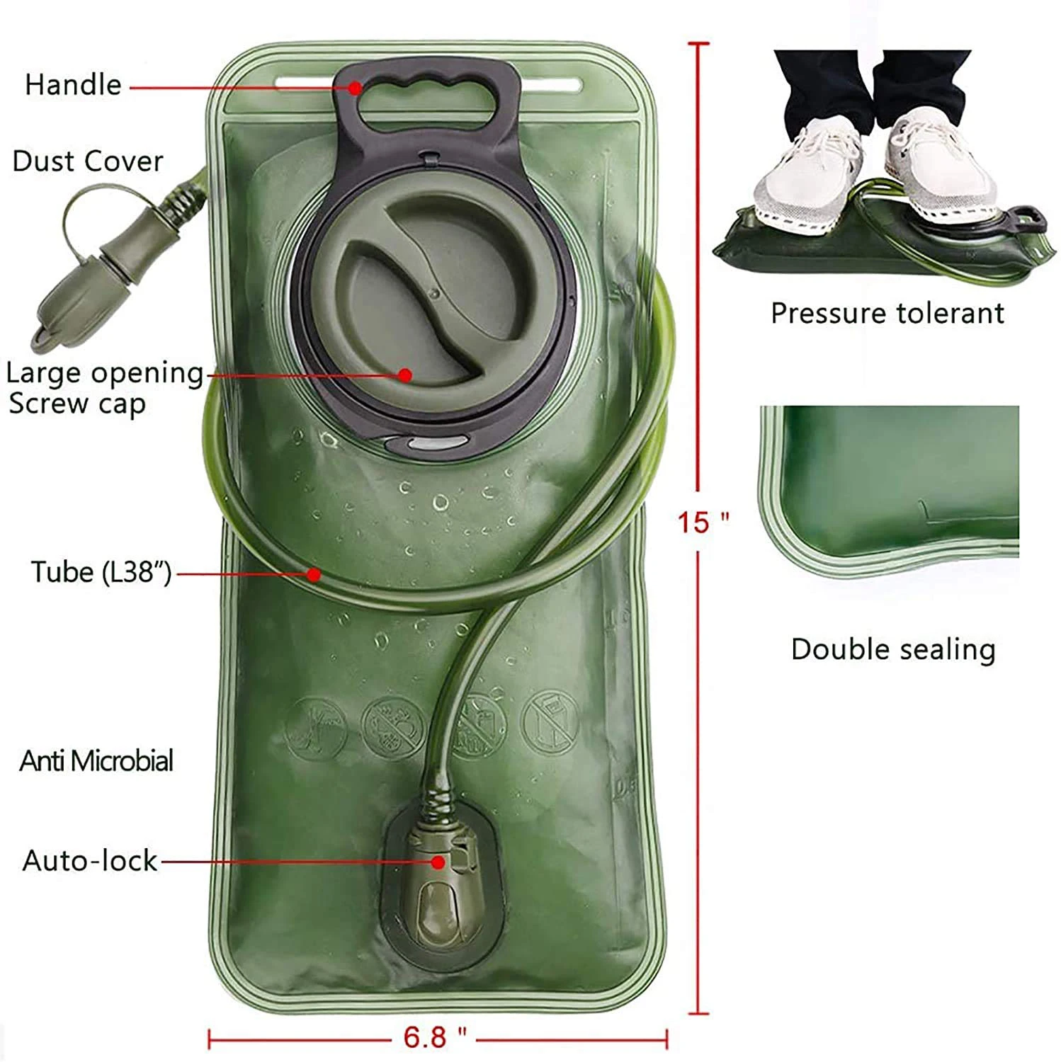 AXEN2L Leak Proof Water Reservoir, Green Water Storage Bladder Bag, BPA Free Hydration Pack, Large Refilling Cap for Cycling, Hi