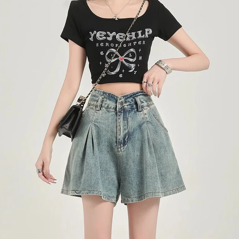 

High Waist Slimming Pleated Denim Shorts Women's Spring Summer New Loose Fit Cover Hip Wide Leg Jeans Commuting Personality