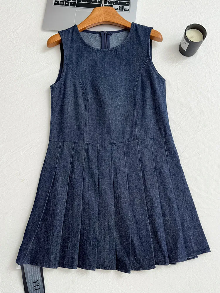 Korean Fashion O-Neck Sleeveless Camisole Dress Women Blue Slim Mini Pleated Dress Autumn Y2k Simple One-Piece Frocks 2024 New