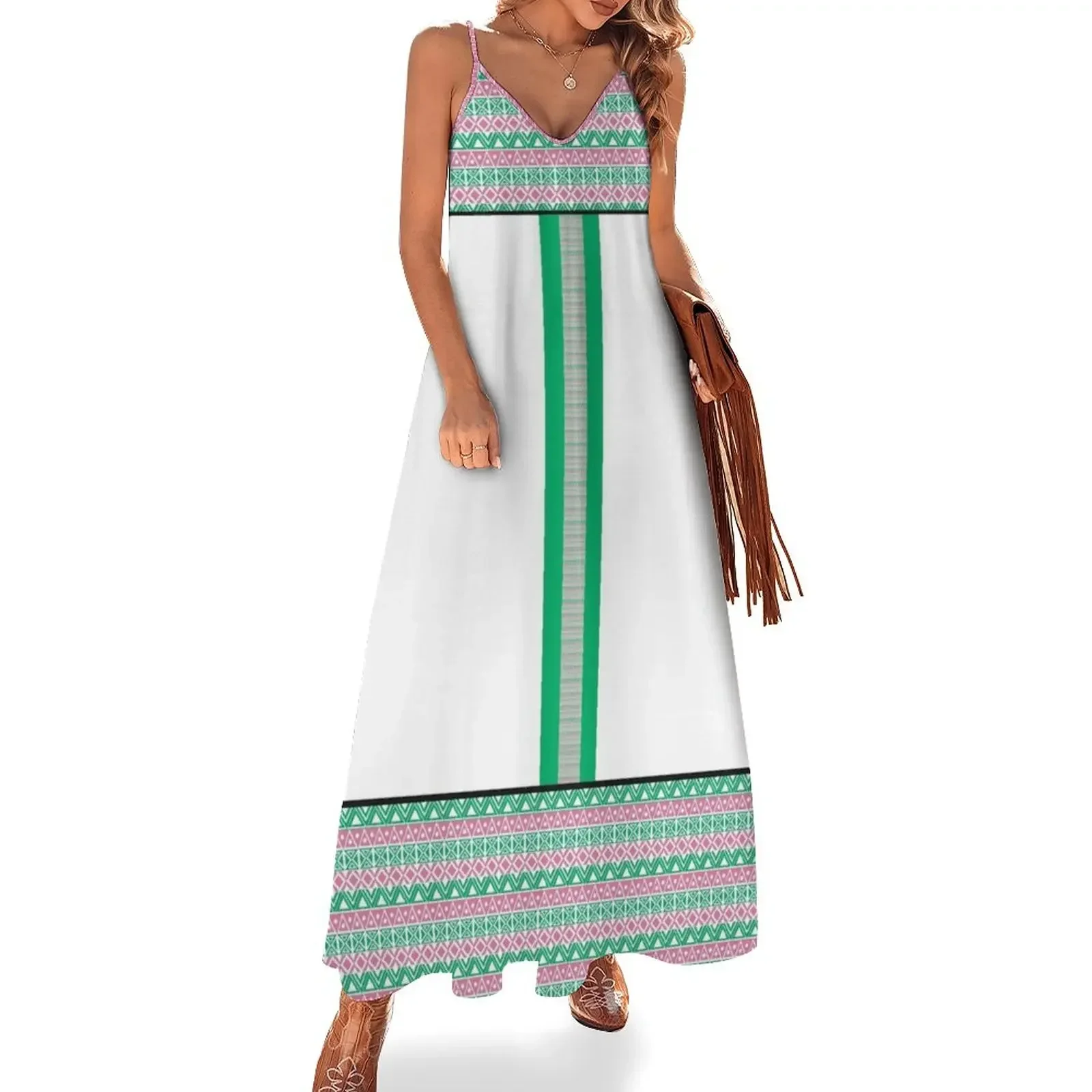 

Kente Homage in Pink and Green by HeavenNezCree Sleeveless Dress women long dresses Aesthetic clothing Dress