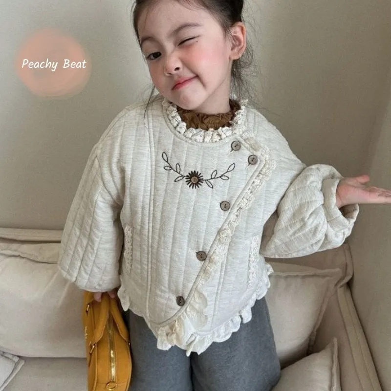 

Куртка с цветочной вышивкой для маленьких девочек, плотное кружевное пальто, теплые штаны с рюшами для малышей, флисовая внутренняя одежда для малышей, От 1 до 10 лет