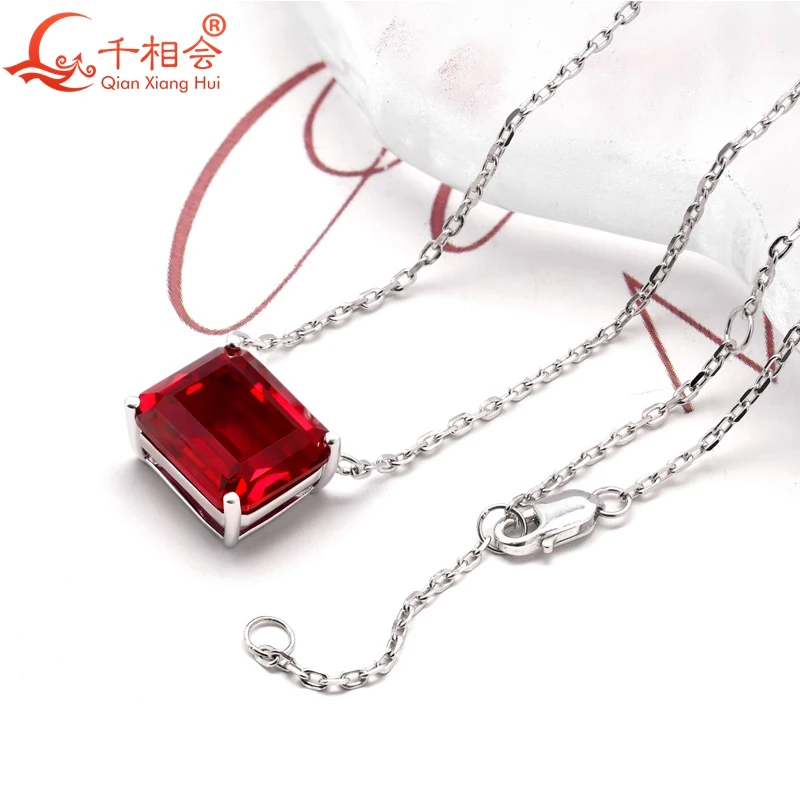 925 silver emerald shape 10*12mm Pigeon Blood Red color lab grwon created ruby with inclusions  Jewelry Pendant Necklace